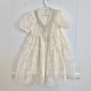 Girls floral embroidered dress with fake pearl in front